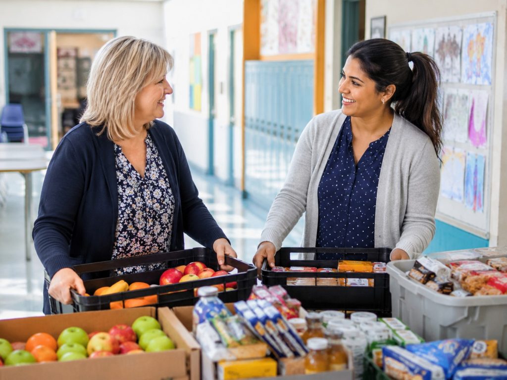 School staff organizing healthy snacks and fruit for Child Hunger Brantford’s school food support program.