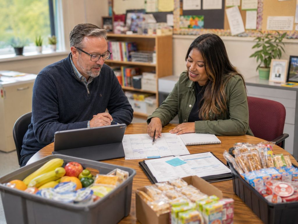 School staff reviewing food support needs and delivery planning for a school snack program.